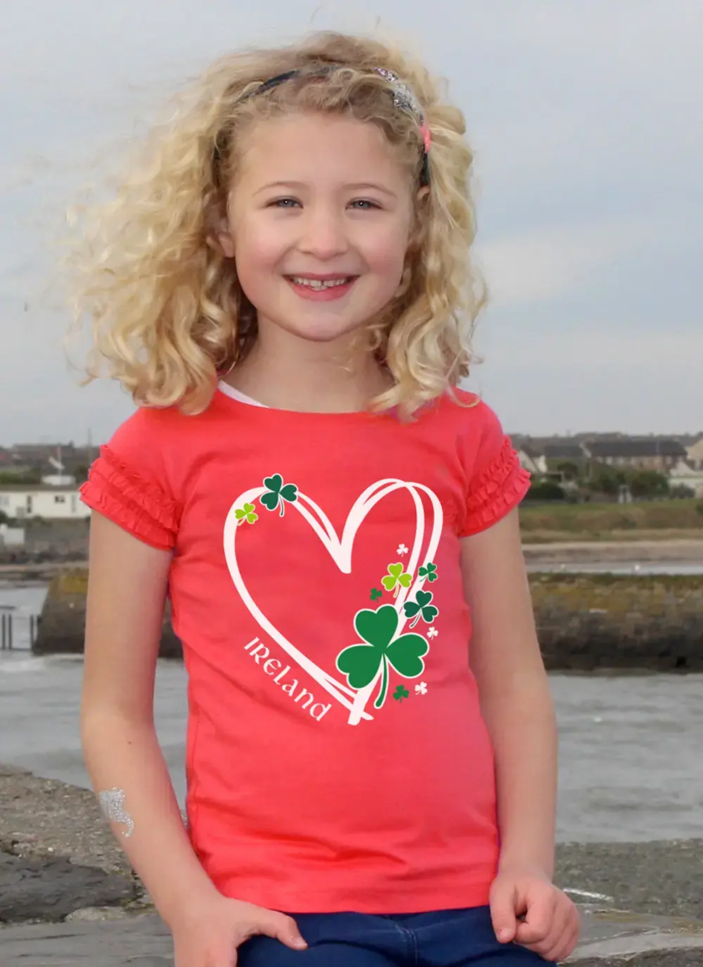 Kids Ireland Shamrock Heart T-Shirt in Coral